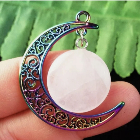 New Carved Rainbow Titanium Hanging Cresent Moon Round Crystal Pendant. - Picture 2 of 7